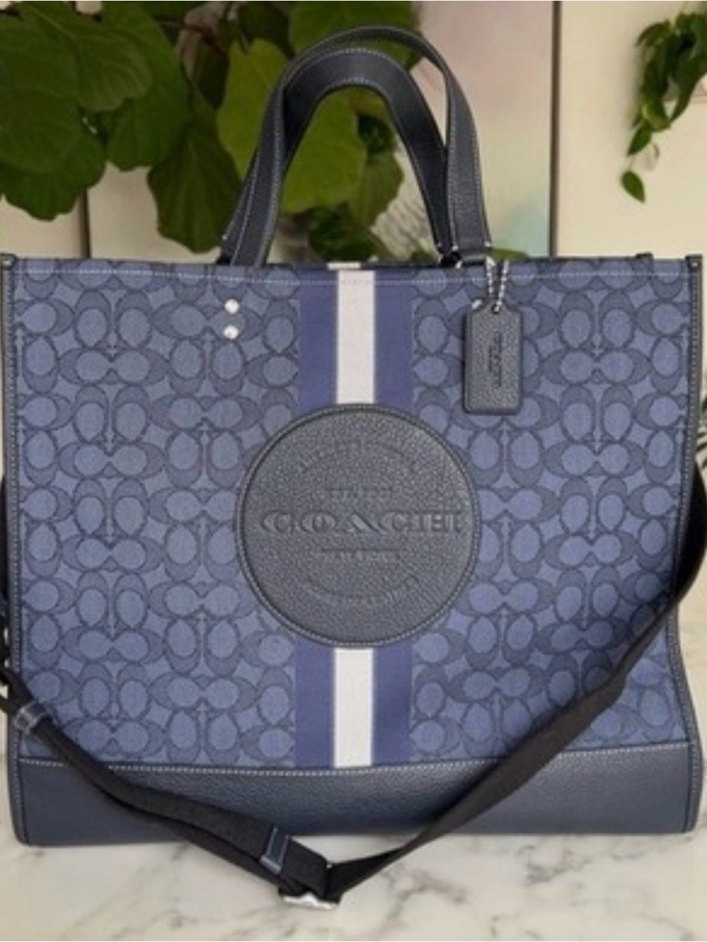 Coach Blue Signature Dempsey Stripe Messenger Tote